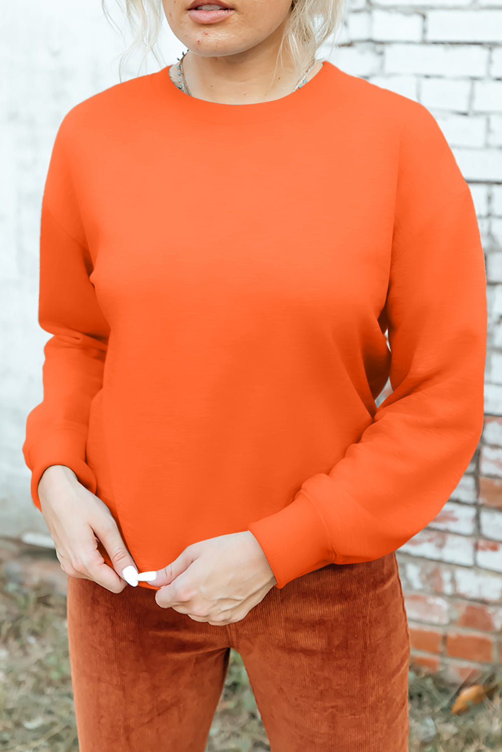 Orange Solid Color Classic Crewneck Pullover Sweatshirt