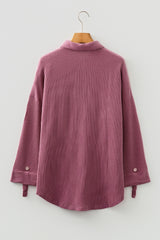 Fiery Red Pink Roll Tab Sleeve Ribbed Cording Shacket