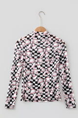 Black Checkered Baseball Bow Print High Neck Long Sleeve Mesh Top