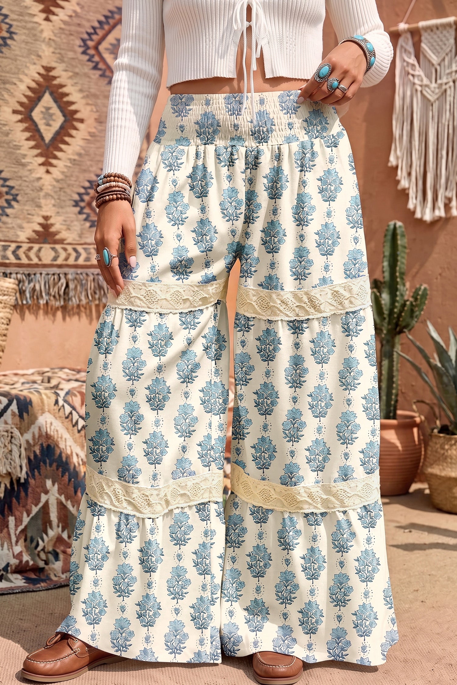 Sky Blue Floral Print Lace Patchwork Detail Wide Leg Pants