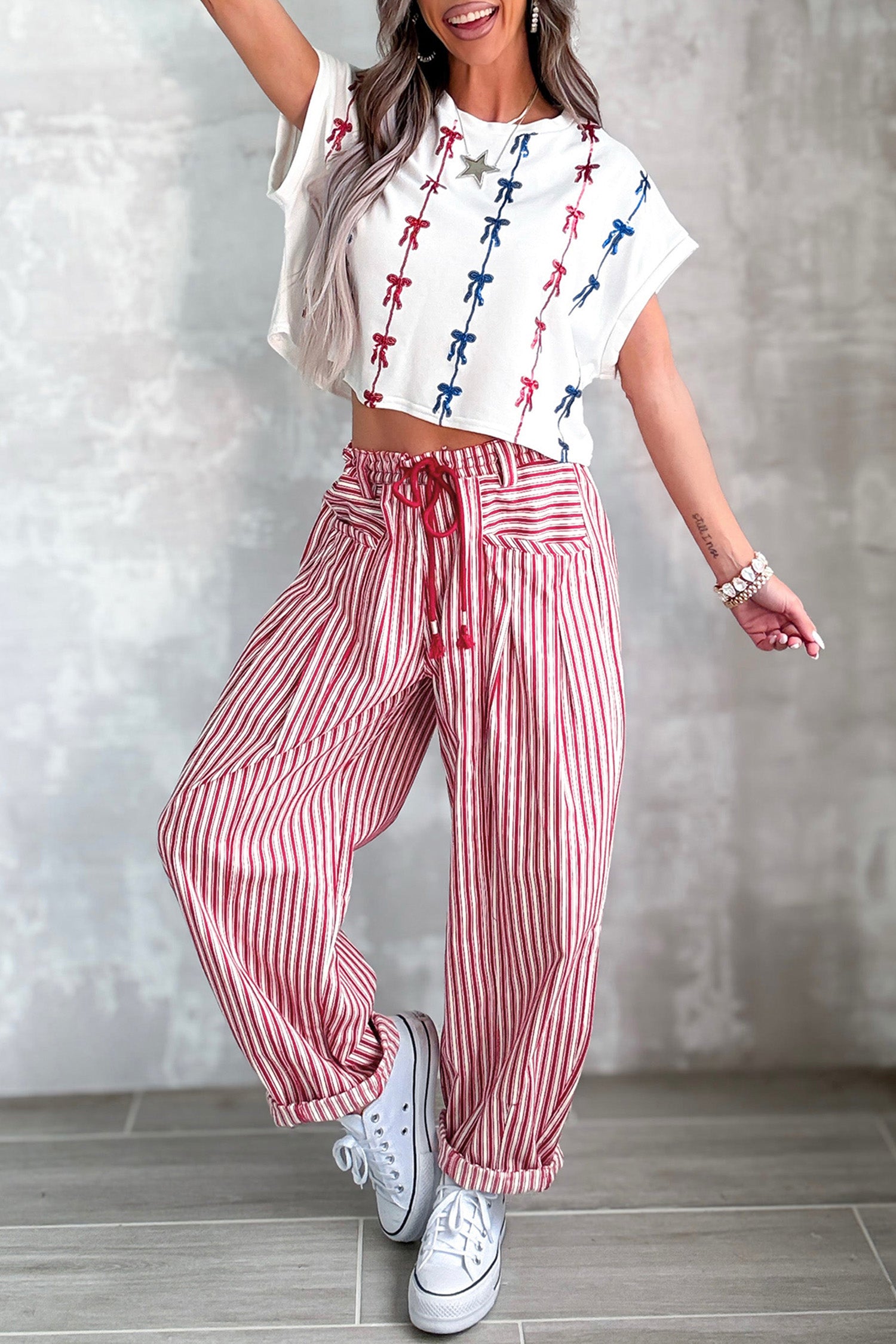 Red Stripe Drawstring Casual Loose Pants