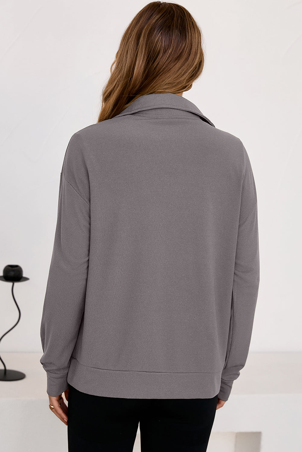 Gray Waffle Texture Collar Half Zip Pocketed Drop Shoulder Sweatshirt