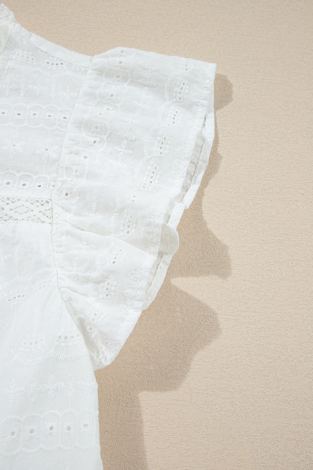White Lace Neck Flutter Sleeve Eyelet Blouse