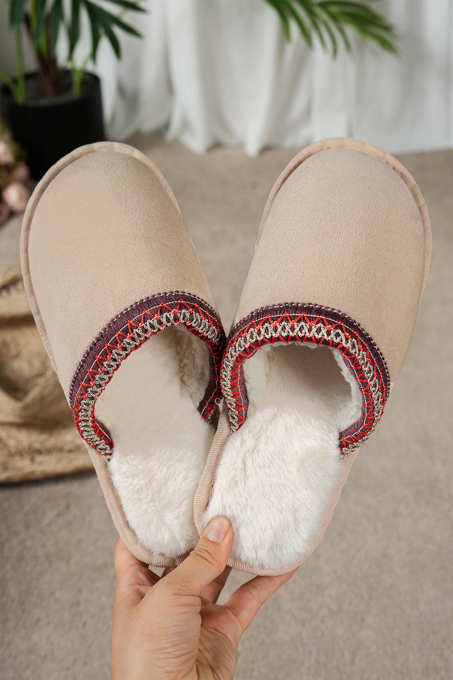 Gray Faux Suede Plush Liner Contrast Embroidered Detail Winter Slippers