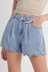 Myosotis Solid Color Scalloped Trim Casual Denim Shorts