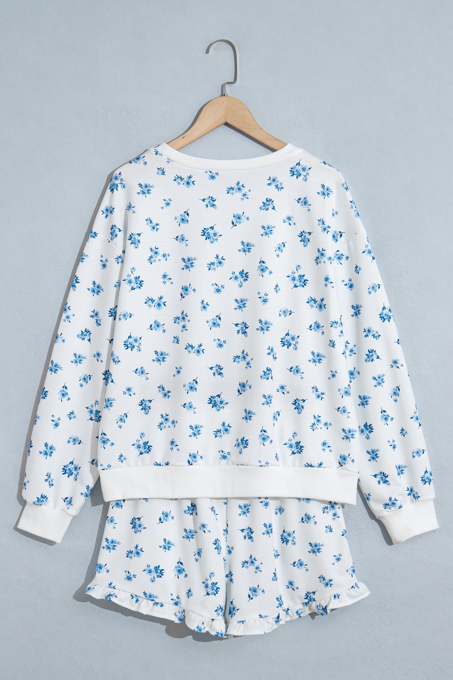 Sky Blue Floral Print Long Sleeve Top Elastic Waist Ruffle Hem Shorts 2pcs Set