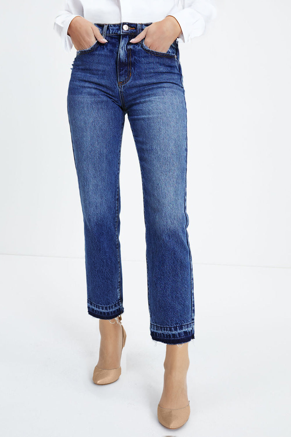 Dark Blue Whiskered Wash Raw Hem Cropped Jeans