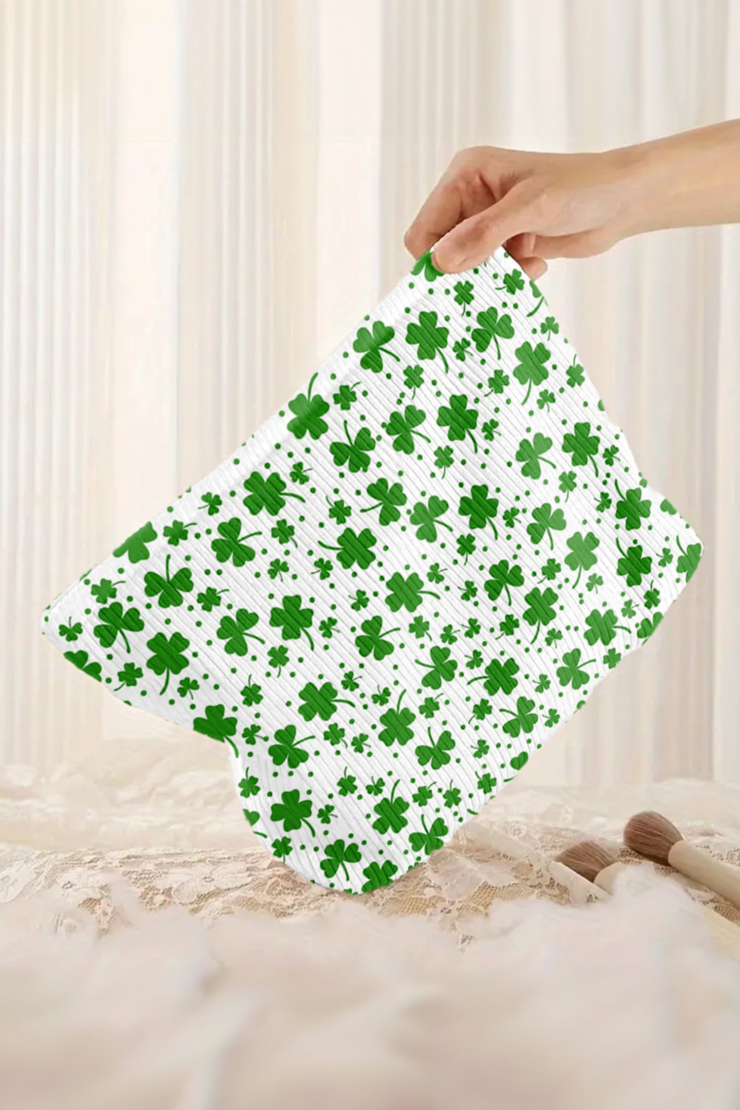 Blackish Green St Patricks Lucky Clover Printed Soft Ribbed Makeup Bag