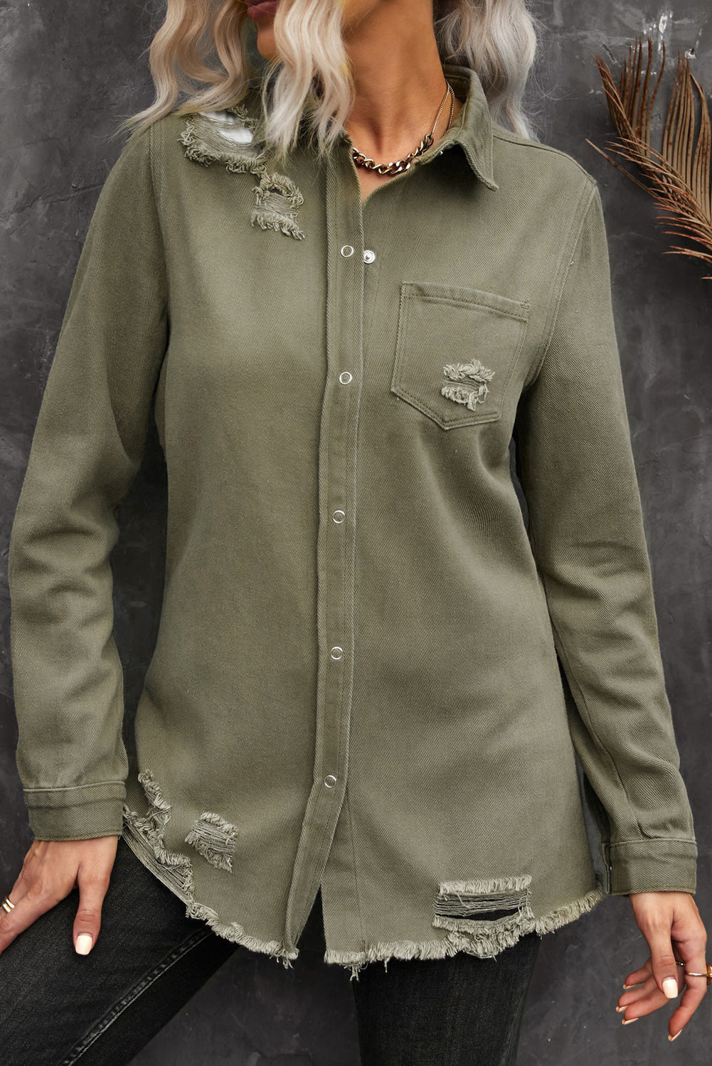 Khaki Raw Hem Distressed Denim Shirt Jacket