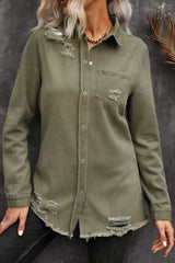 Khaki Raw Hem Distressed Denim Shirt Jacket