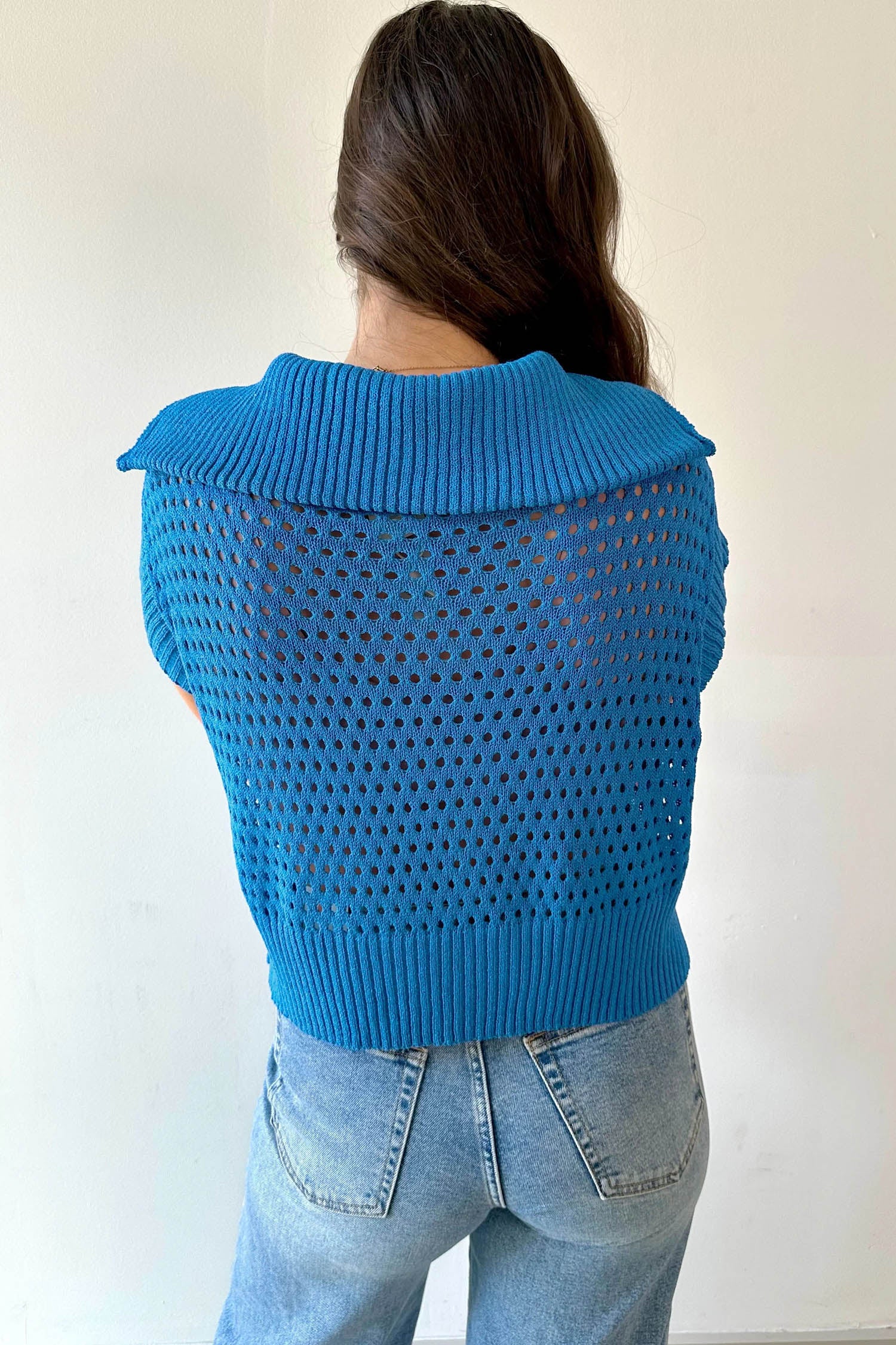 Yellow Solid Color Hollowed Knit Short Sleeve Zipper Collar Knitwear Top