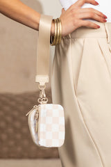 Beige Checkered Mini Zipper Dual Pouch Wristlet