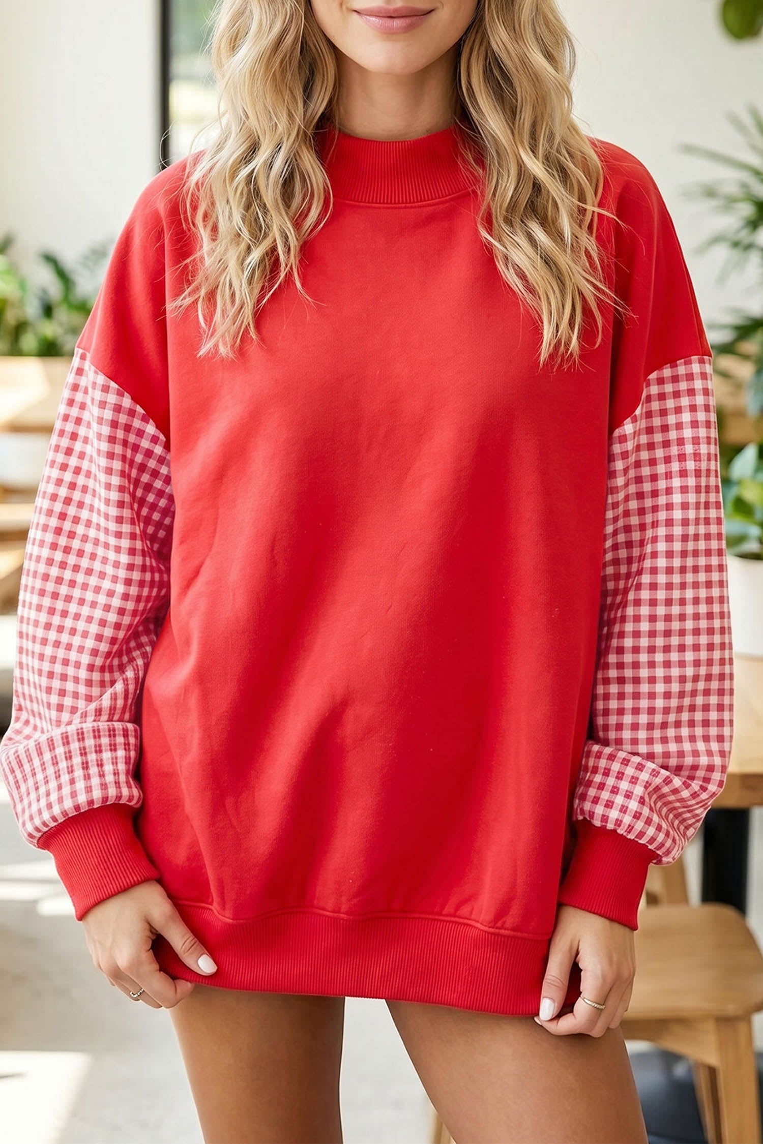 Evergreen Plaid Sleeve Colorblock Loose Tunic Sweatshirt
