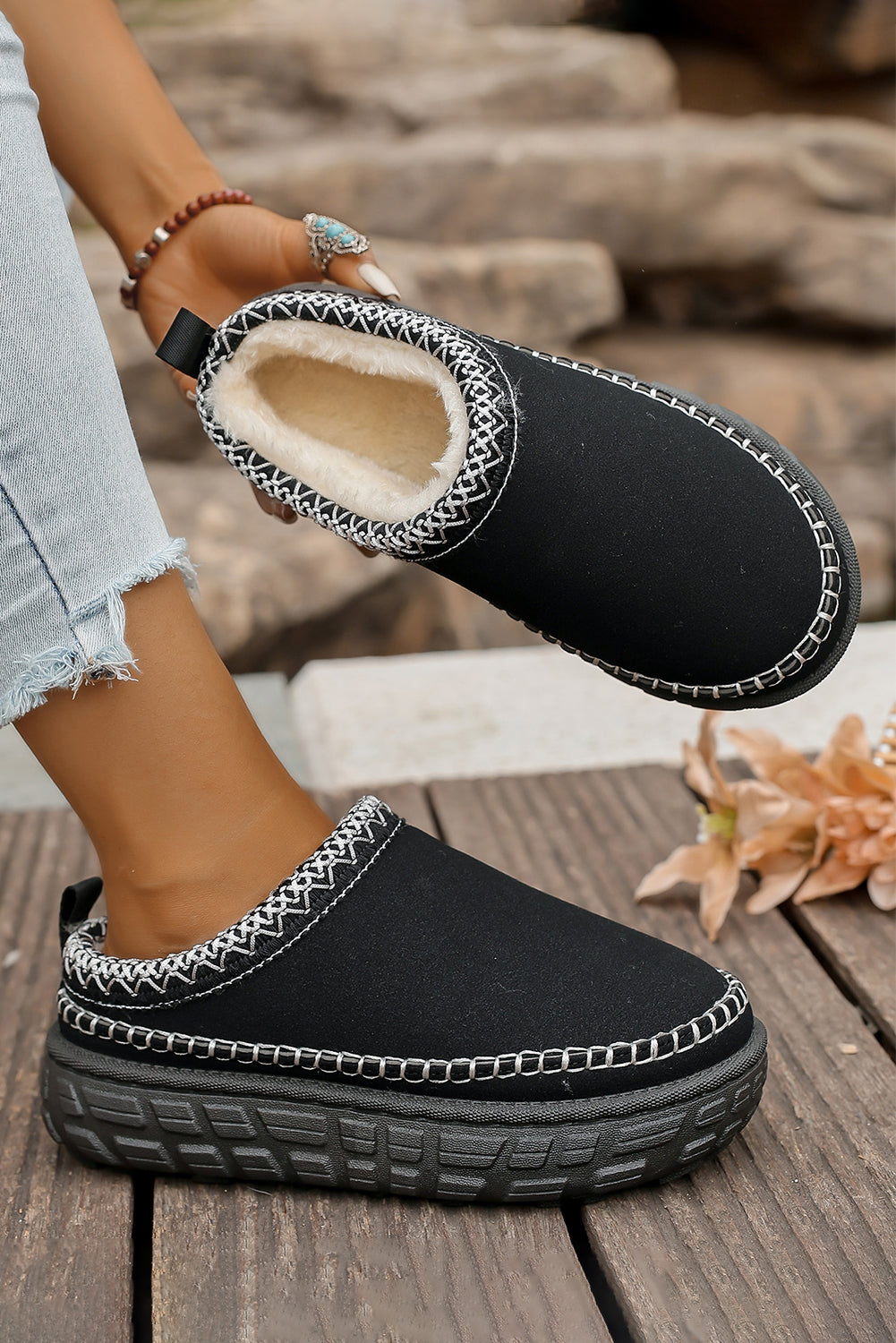 Coffee Faux Suede Woven Trim Plush Lining Platform Slippers