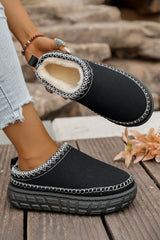 Coffee Faux Suede Woven Trim Plush Lining Platform Slippers