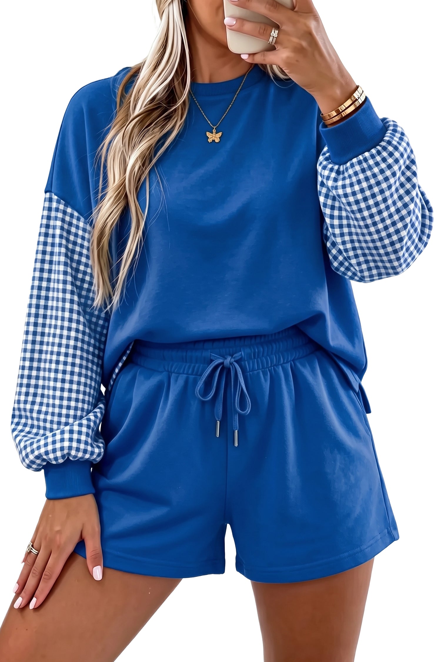 Red Plaid Patchwork Long Sleeve Top Solid Drawstring Shorts Set