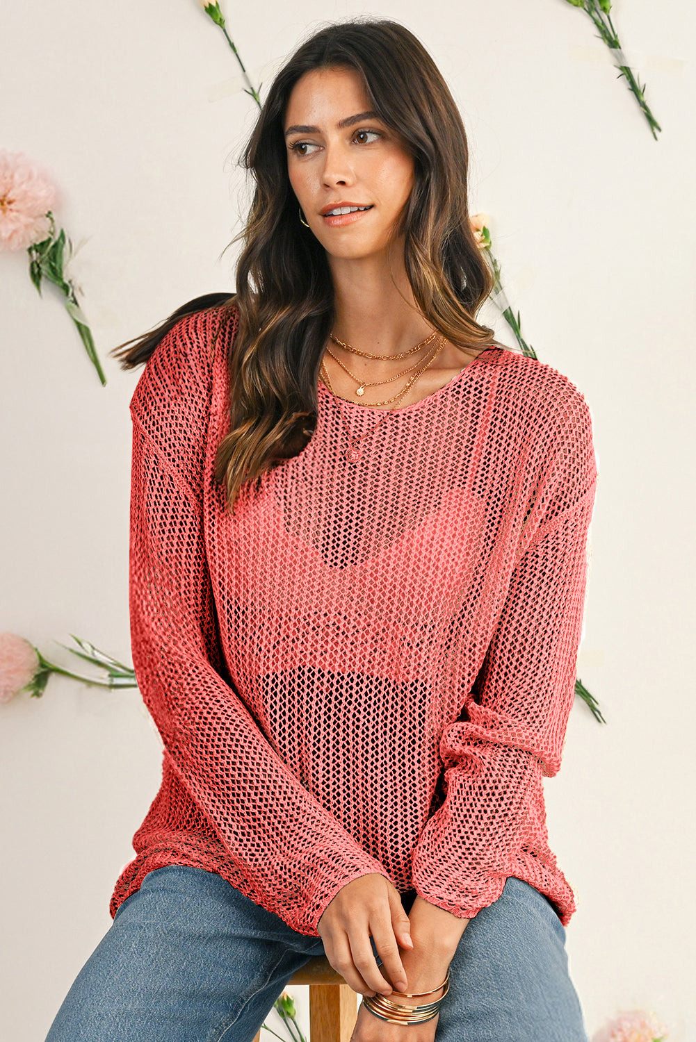 Smoke Gray Crochet Hollow-out Knit Sweater