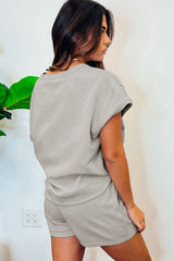 Gray Solid Color Textured Loose Top Casual Two Piece Short Set