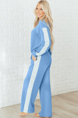 Beau Blue Floral Patchwork Drop Shoulder Pullover and Sweatpants Lounge Set