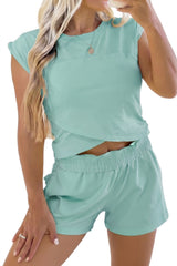 Mint Green Solid Short Sleeve Elastic Waist Pocket Casual Two Piece Short Set