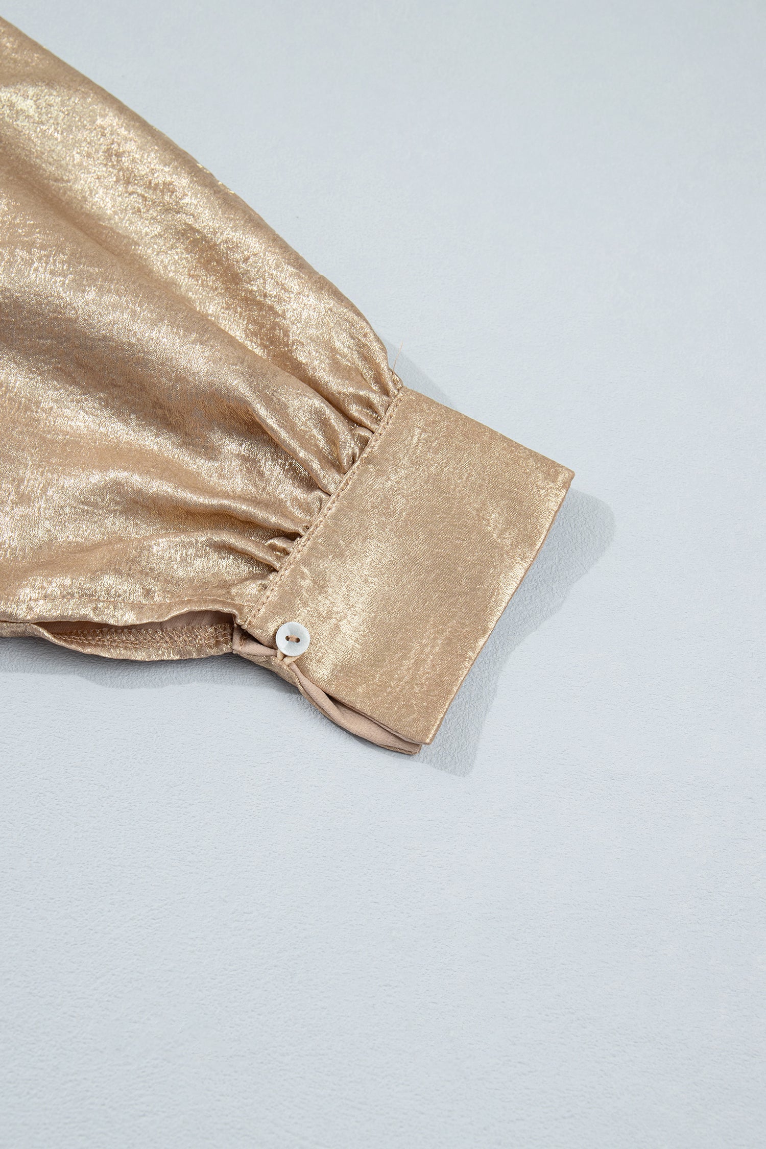 Parchment Metallic V Neck Button Cuffed Long Sleeve Dolman Blouse