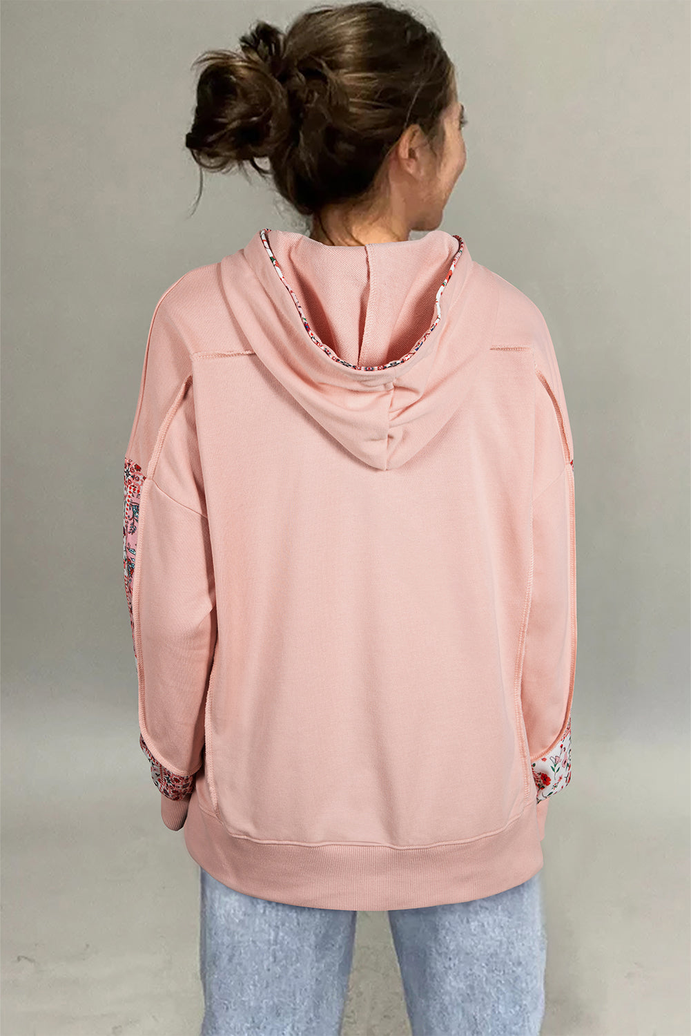 Flamingo Mix Floral Patchwork Side Slit Drawstring Hoodie