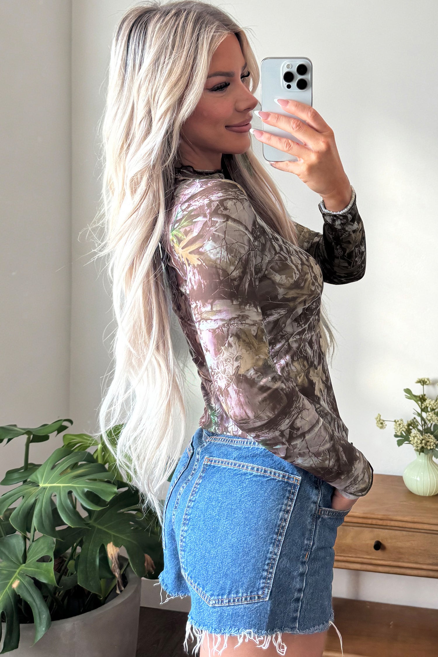 Smoke Gray Floral Print Slim Fit Mesh Long Sleeve Mock Neck Top