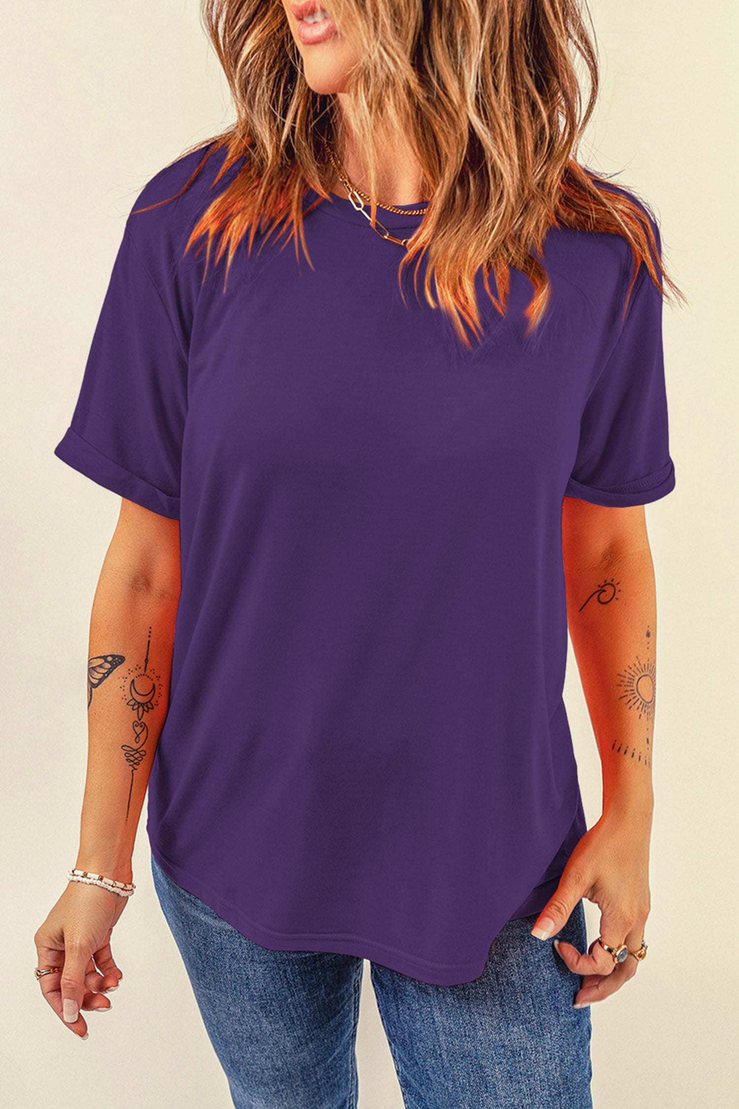 Yellow Cream Casual Plain Crew Neck Tee
