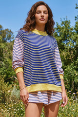 Blue Stripe Contrast Long Sleeve Crew Neck Pullover Top