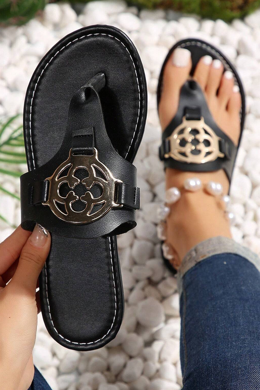 Chestnut Metal Decor Leather Thong Slippers