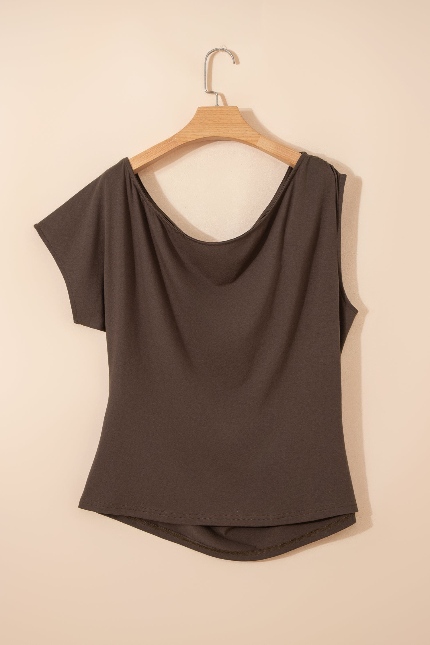 Burgundy Plus Size Solid Color Asymmetric Neck Short Sleeve Blouse