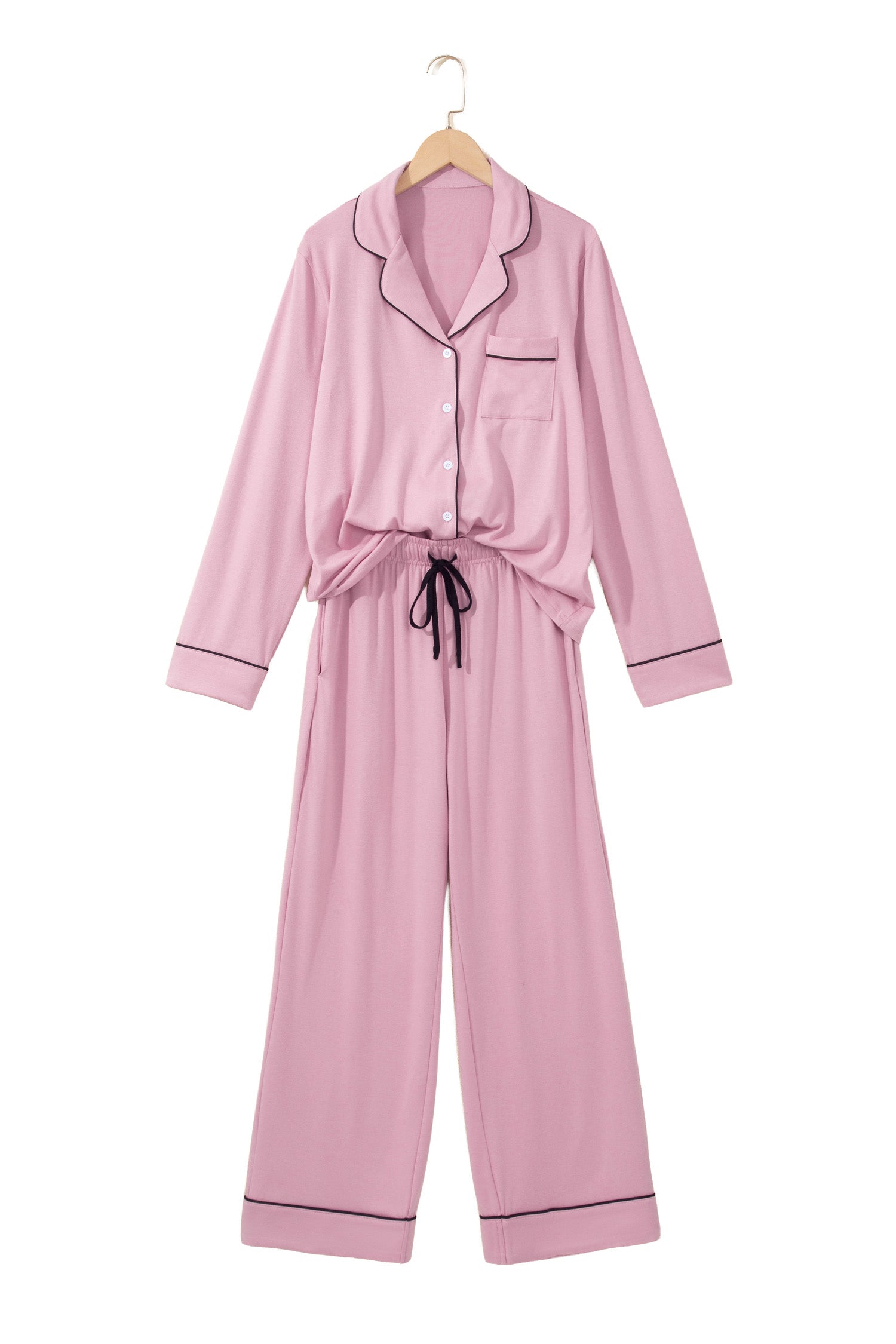 Delicacy Contrast Piping Trim Lapel Button Down Top 2pcs Lounge Pajama Set