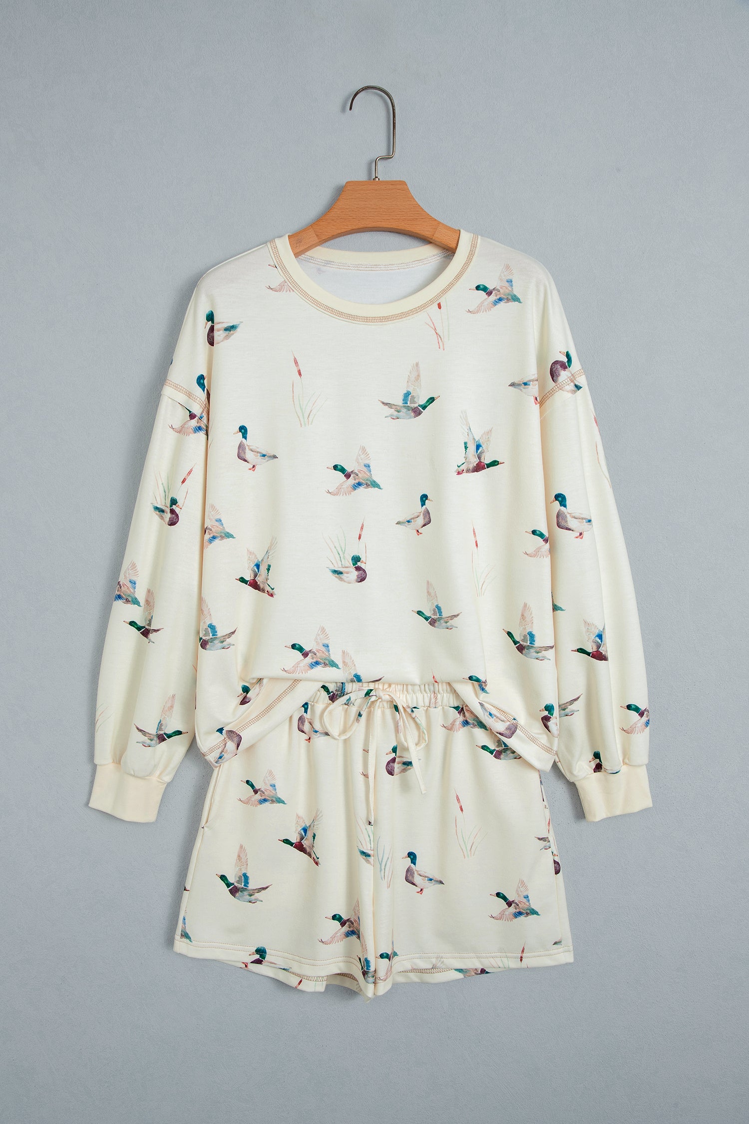 Beige Free Mallard Print Long Sleeve Top Drawstring Short Set