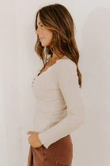 Beige Lace Neckline Button Decor Lettuce Edge Long Sleeve Ribbed Top