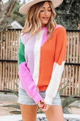 Desert Gold Color Block Textured Knit Drop Shoulder Loose Fit Sweater