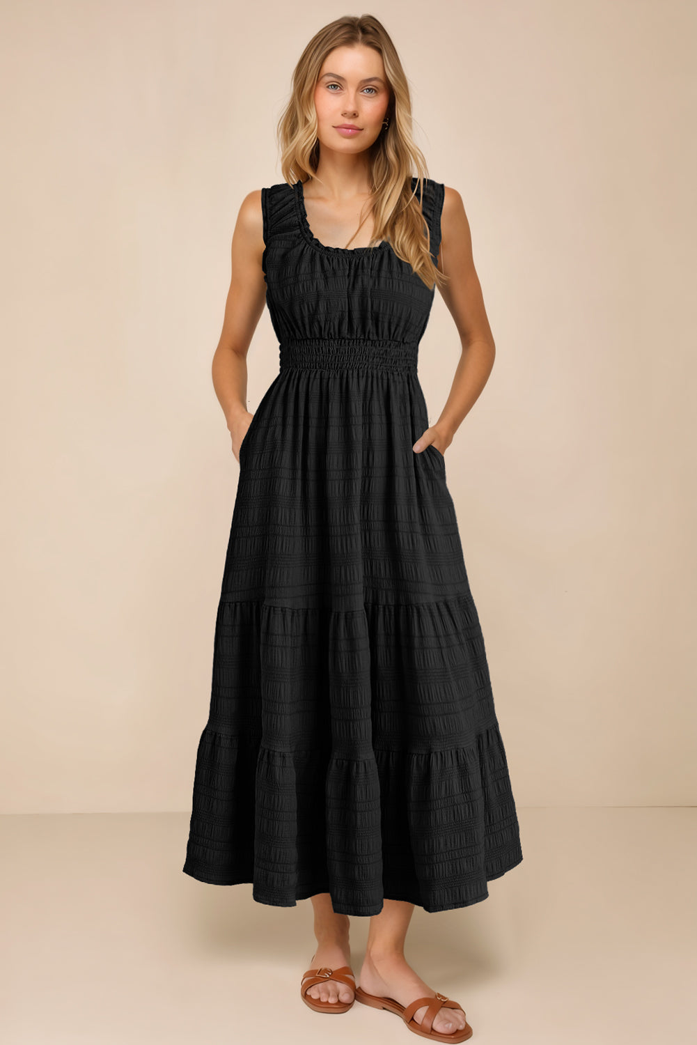 Rose Shirred Pleated Square Neck Sleeveless Midi Dress