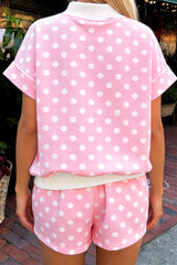 Pink Polka Dot Print Color Block Trim Mock Neck Short Set