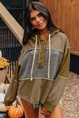 Jungle Green Mixed Texture Patchwork Exposed Seam Half Button Hooded Sweatshirt