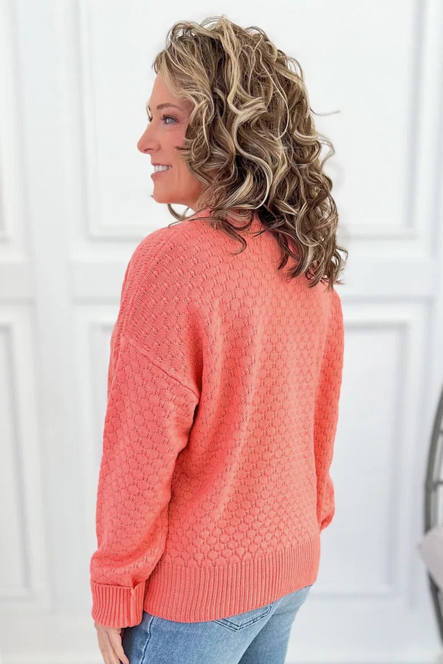 Coral Paradise Drop Shoulder Ribbed Knit Long Sleeve Sweater
