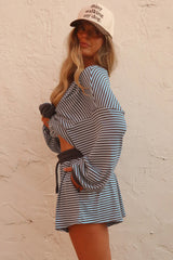 Brown Stripe Oversized Long Sleeve Top Drawstring Loose Shorts 2pcs Set
