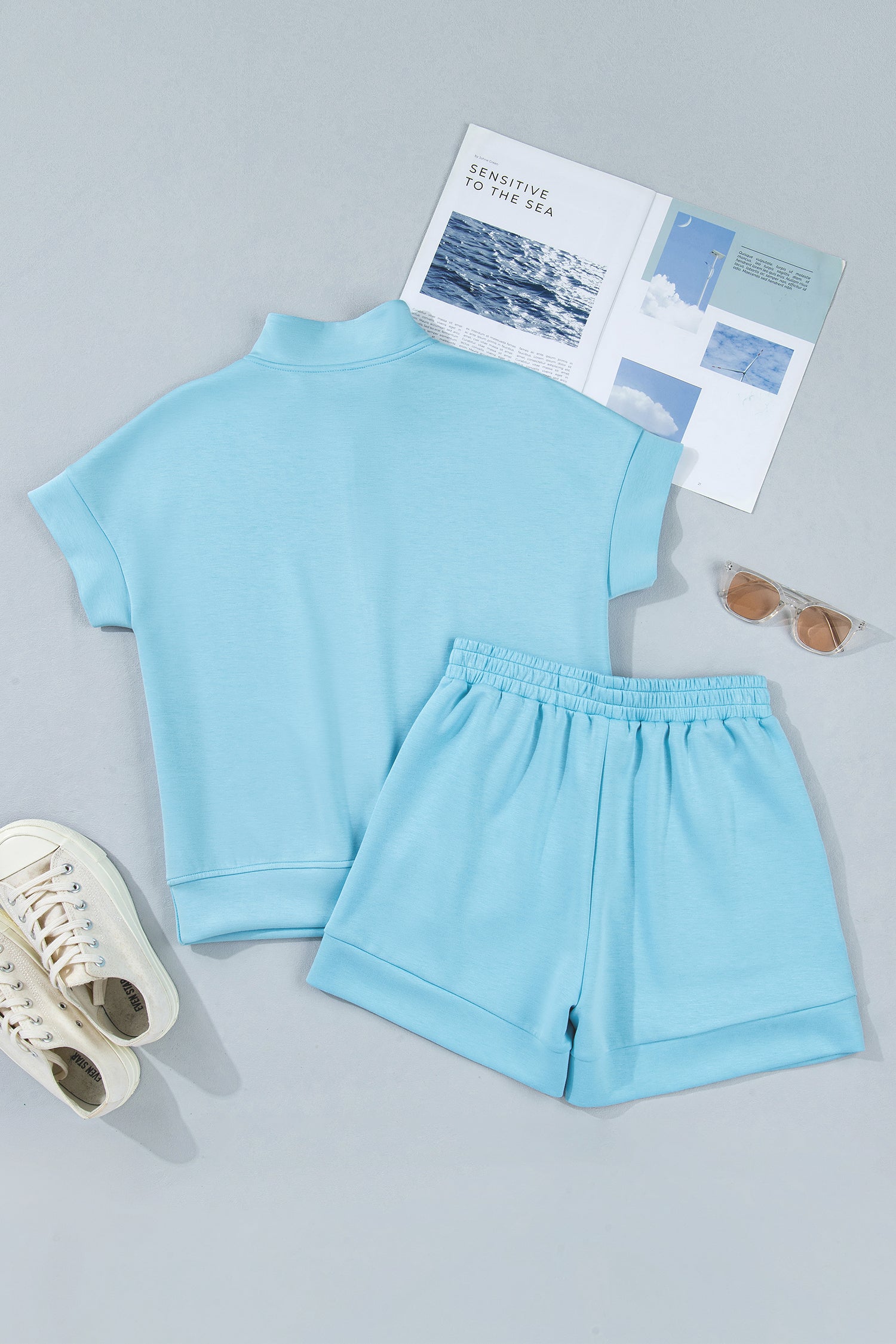 Myosotis Half Zip High Neck Tee Athleisure Short Set