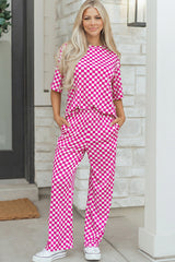 Khaki Checkered Print Half Sleeve Tee 2pcs Lounge Pant Set