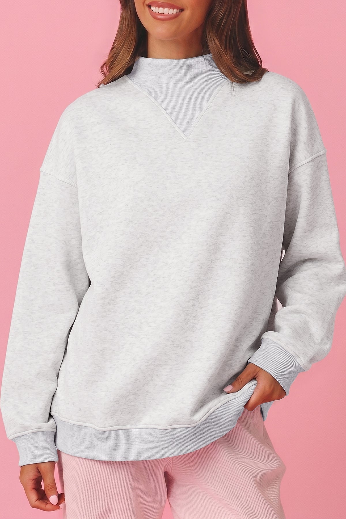 Light Grey High Neck Ribbed Cuff Hem Sweatshirt