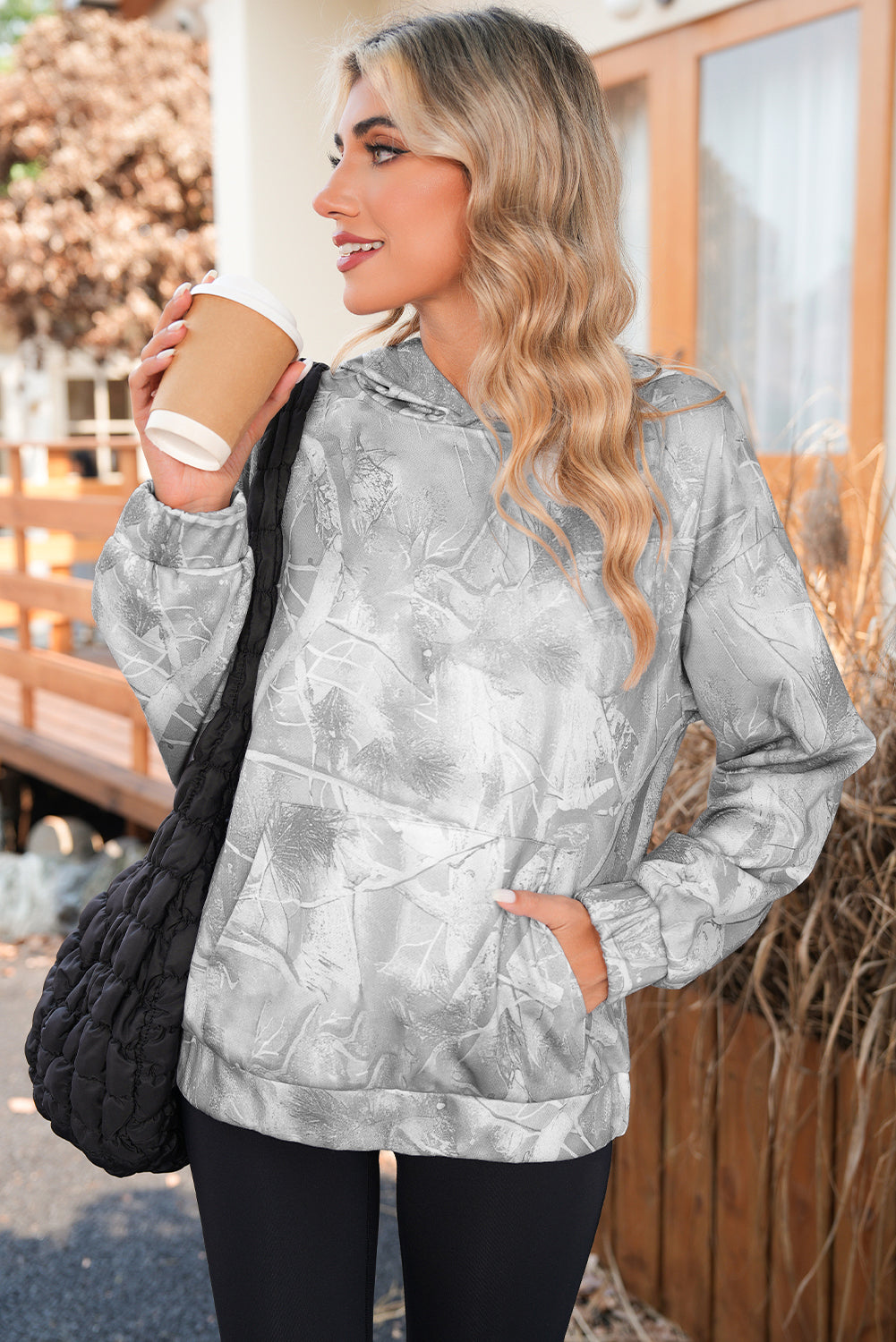 Gray Camouflage Maple Leaf Print Kangaroo Pocket Oversized Hoodie
