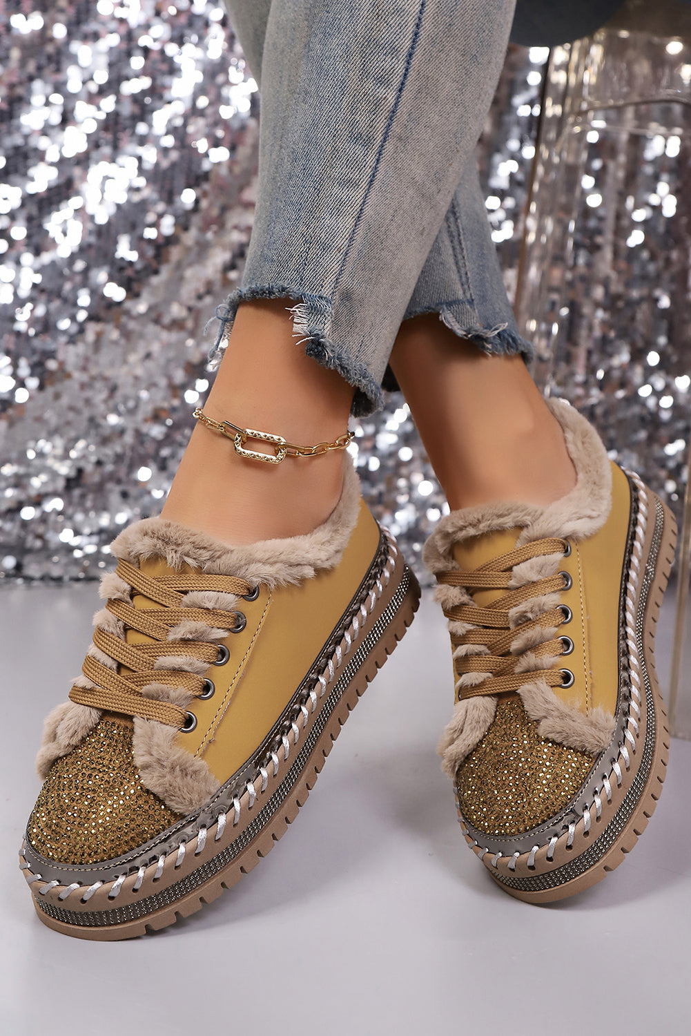 Thai Curry Fur Trimmed Patchwork Lace Up Platform Sneakers