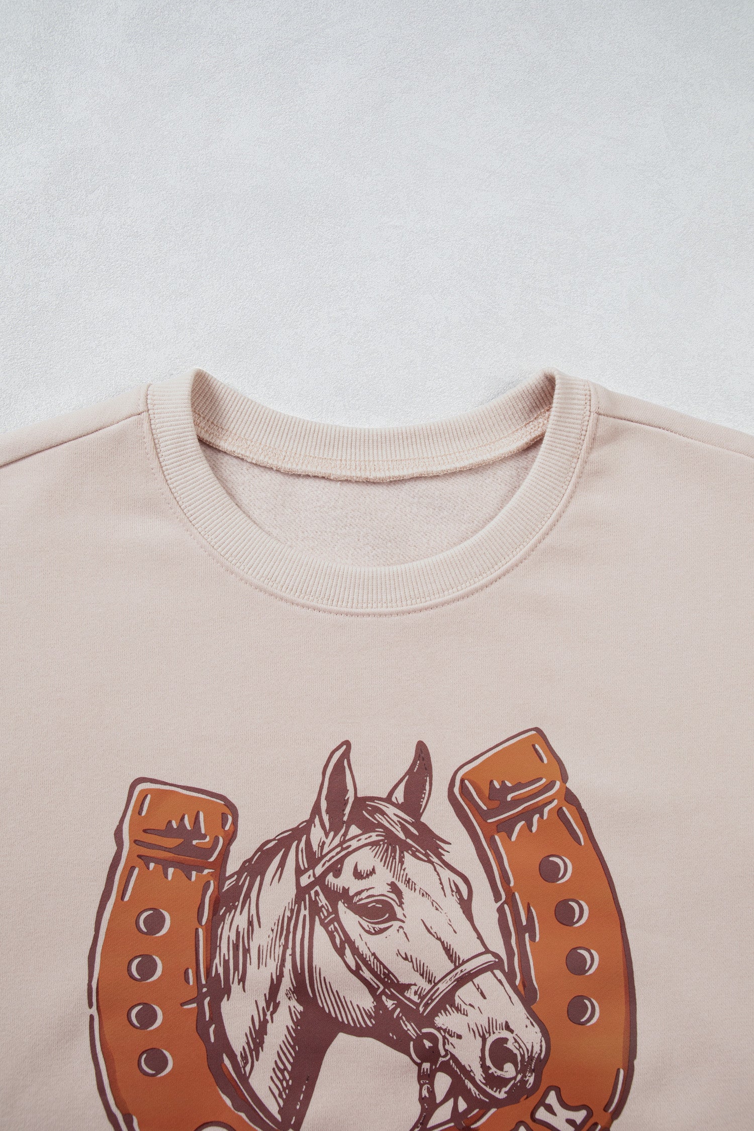 Beige GOOD LUCK Western Horse Print Oversized Pullover Sweatshirt