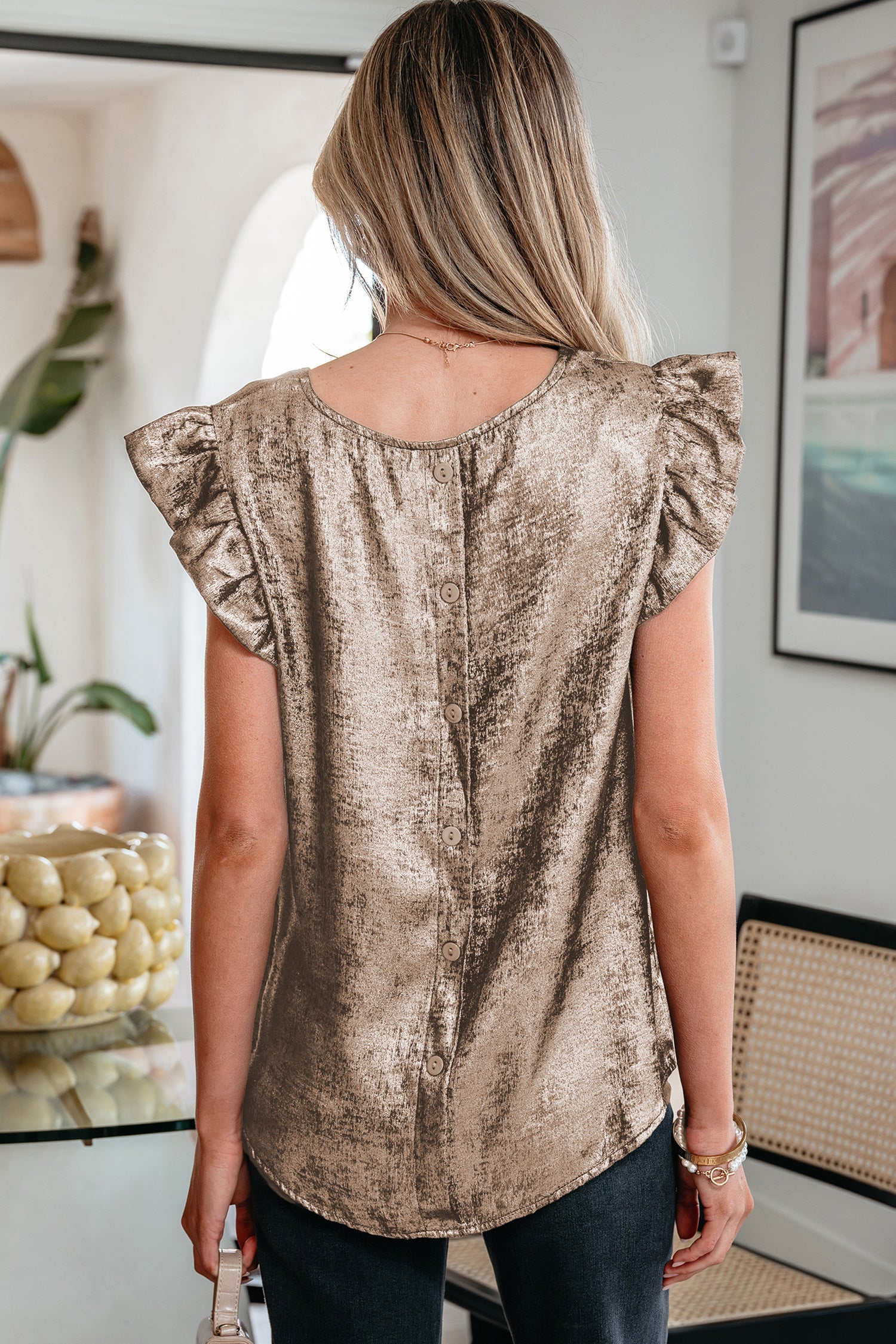 Silvery Metallic Round Neck Ruffle Trim Sleeveless Top