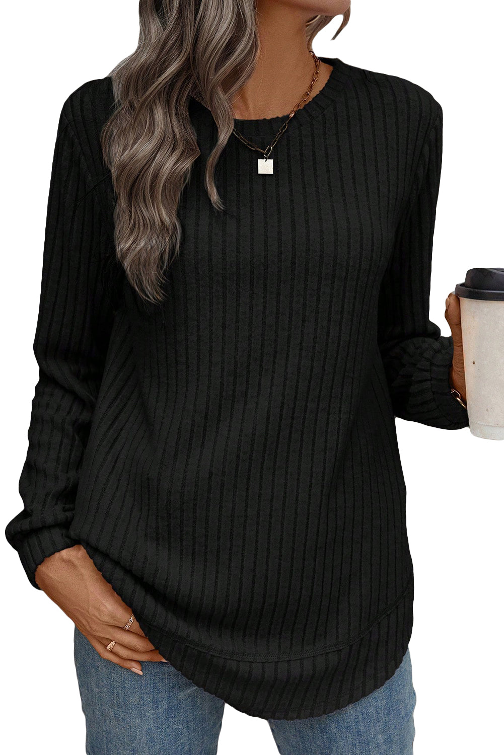 Black Ribbed Texture Round Neck Long Sleeve Rounded Hem Top