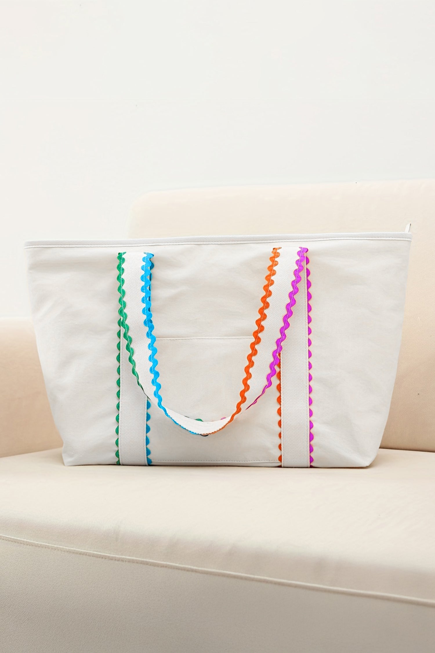 Pink Colorful Ricrac Detail Canvas Tote Bag