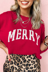 Fiery Red MERRY Letter Pattern Christmas Holiday Baggy Sweater